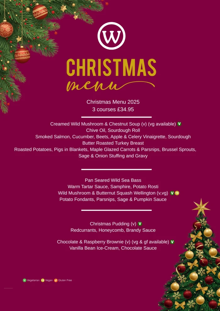 Christmas Menu 2025 3 courses £34.95 Creamed Wild Mushroom & Chestnut Soup (v) (vg available) Chive Oil, Sourdough Roll Smoked Salmon, Cucumber, Beets, Apple & Celery Vinaigrette, Sourdough B